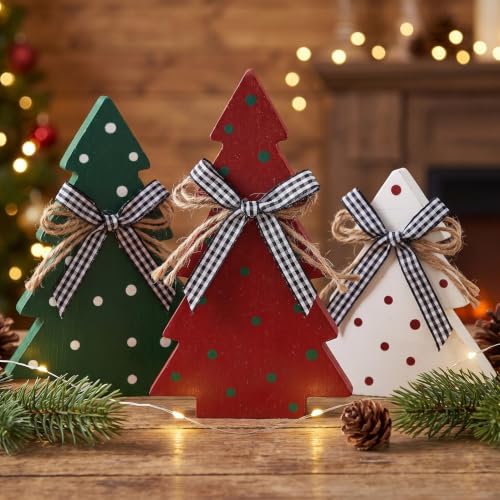 Christmas Wooden Tree Decor Set - Farmhouse Polka Dot Style, 3 Pieces
