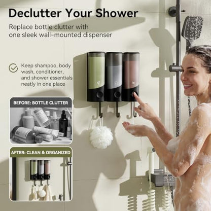 Wall Mounted Shampoo and Conditioner Dispenser with Hooks - 1200ML No-Drill Bathroom Organizer - Black