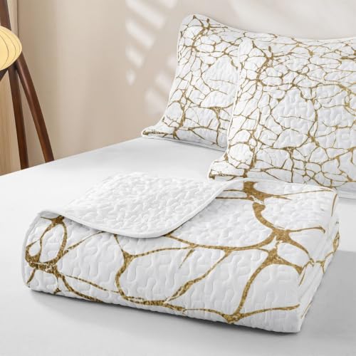 White Gold Metallic Marble Twin Quilt Set - Lightweight All-Season Bedding