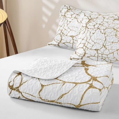 White Gold Metallic Marble Twin Quilt Set - Lightweight All-Season Bedding