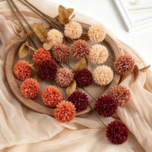 Fall Flowers Artificial Bouquet - 10 Pcs Fall Mums & Eucalyptus Stems - Autumn Home Decor