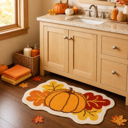 Fall Pumpkin Maple Leaf Bathroom Rug 31x20 Inches - Yellow Brown Variation