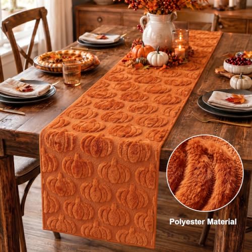 Caramel Fall Table Runner with 3D Pumpkins - 13 x 72 Inches - Thanksgiving Decor