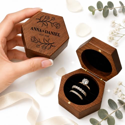 Wedding Day Ring Box with Custom Name & Date - Hexagon 3-Slot Design