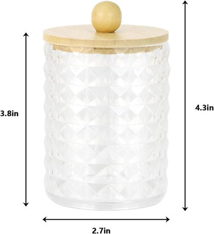 DAPOWER Qtip Holder - Stylish Bathroom Storage Canister for Cotton Balls & Swabs | Clear & Bamboo Lid, 2 Pack