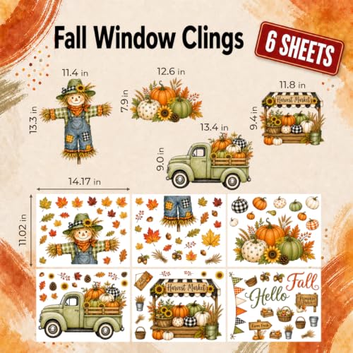 Farm Fall Window Clings - 13 Inch Scarecrow Autumn Decor, 6 Sheets
