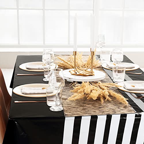 6 Pieces 86x54 Inch Black and White Striped Plastic Table Runners - Set of 6