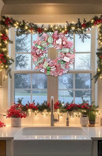 Pink & Green Christmas Wreath with Candies and Gold Bow - 20 Inch Holiday Door Decor - Variation of Pink Green