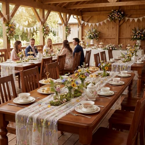 Ivory White Floral Table Runner 10ft Embroidery Tulle Wildflower - Variation of THIS listing 6
