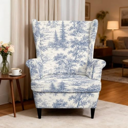 Blue Toile De Jouy Wingback Chair Slipcover Set - Stretch Washable Armchair Protector