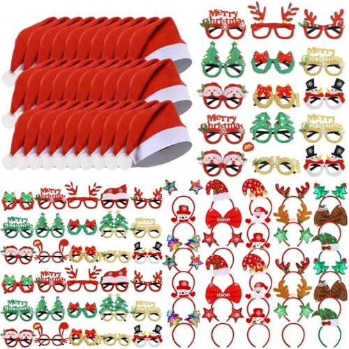 Christmas Party Favors Set with Santa Hats, Glasses, Headbands & Accessories