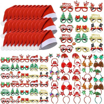 Christmas Party Favors Set with Santa Hats, Glasses, Headbands & Accessories