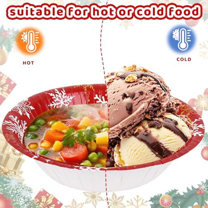 Disposable Winter Paper Bowls Set - Red White Snowflake Pattern, 12 Oz, 100 Pack