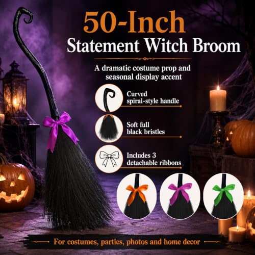 Halloween Witch Broomstick with 3 Ribbons - 50 Inch Costume Prop & Decor Set