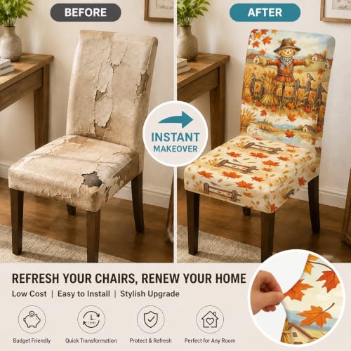 Fall Scarecrow Chair Covers for Dining Chairs 6pcs Orange Spandex Washable