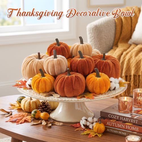 Brown Fall Artificial Velvet Pumpkins Decor Set - 12 Mini Foam Pumpkins for Autumn Home Display