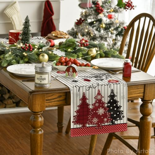 Christmas Table Runner 13x72 Inches Snowflakes Stripes Merry Holiday Decor - Red Black