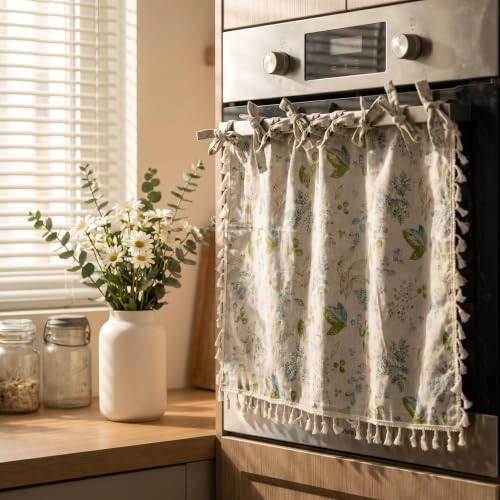 Mint Botanical Leaf Boho Tie Up Kitchen Curtain Linen Look Short Cafe Window Decor - 28x22 Inches
