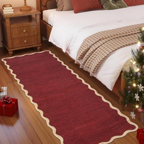 Christmas Red Washable Runner 2x6 Non-Slip Kitchen Rug with Scalloped Edges - Holiday Decor