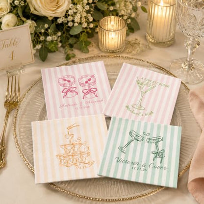 Personalized Wedding Napkins with Name and Date - Style 2, Custom Striped Cocktail Party Supplies