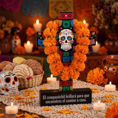 Amyhill Dia De Los Muertos Decor Wood Cross with Marigold Wreath - Classic