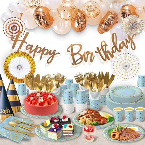 AIRE 175PCS Blue and Gold Disposable Party Plates Set for 25 Guests