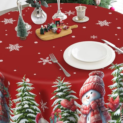Christmas Round Tablecloth 70 Inches - Snowman Xmas Table Decor, Red Variation