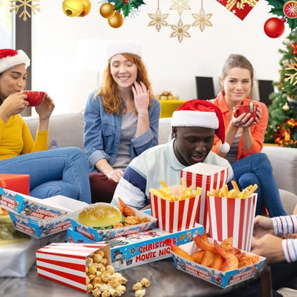 Movie Night Snack Tray Set - Christmas Themed 36 Pieces with Popcorn Boxes & Drink Holders - Holiday Party Supplies