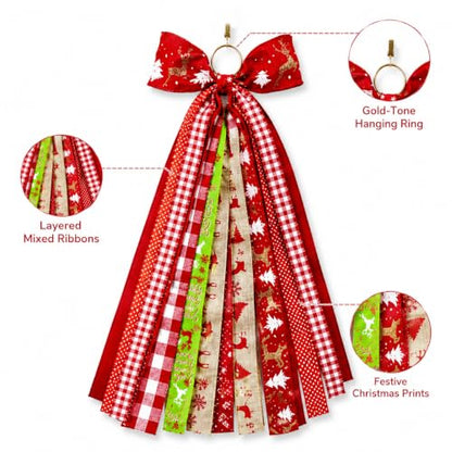 Red Christmas Wreath Bow Plaid Ribbon Door Swag Decor - 23.6in