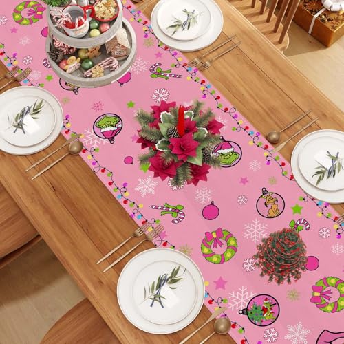Pink Christmas Table Runner - Holiday Decor for Dining Table, 13x72 Inches