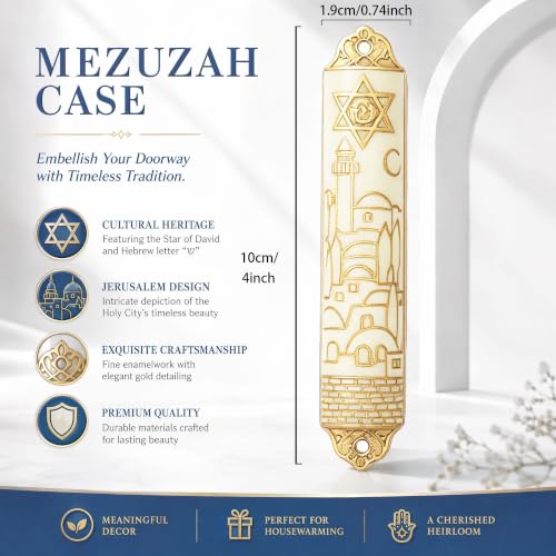 Enamel Mezuzah with Scroll for Door - Jerusalem Skyline Gold Embossed Design