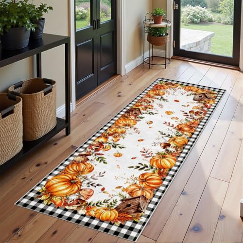 Orange and White Buffalo Plaid Fall Harvest Kitchen Runner Rug 2x6ft - Rustic Leaf Design
