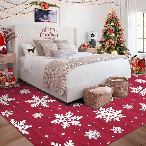 Christmas Snow Pattern Area Rug 9x12 Red Non-Slip Low Pile Indoor Rug for Living Room & Bedroom - Snow Variation