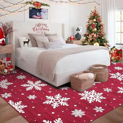 Christmas Snow Pattern Area Rug 9x12 Red Non-Slip Low Pile Indoor Rug for Living Room & Bedroom - Snow Variation
