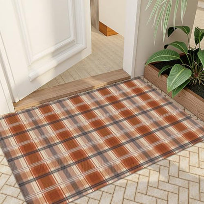 Fall Plaid Doormat - Burnt Orange Buffalo Check Entry Rug for Front Door & Home
