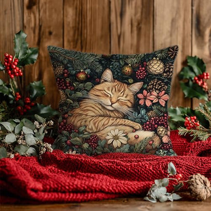 E-Tabby Cat Christmas Decor Pillow Cover 18x18 Rustic Floral Holiday Throw Pillow