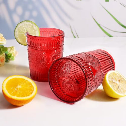 12 Pcs Vintage Highball Glass Set - 12oz & 9oz Embossed Ribbed Tumblers, Sunflower Pattern, Christmas Red (Variation: Red)