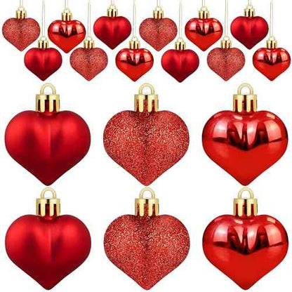 24 PCS Heart Shaped Ornament for Christmas Tree Red Heart Hanging Ornament Multi Finish Hearts Plastic Baubles Xmas Tree Hanging Decoration for Valentines Anniversary Party Decor