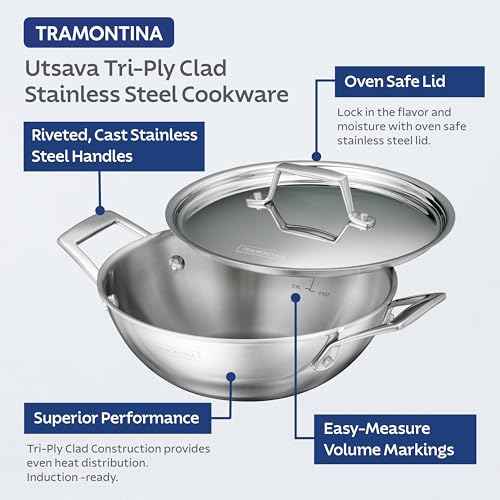 Tramontina Utsava 1.8-Quart Tri-Ply Clad Stainless Steel Kadai with Lid, Small Kadhai Pot for Indian Cooking