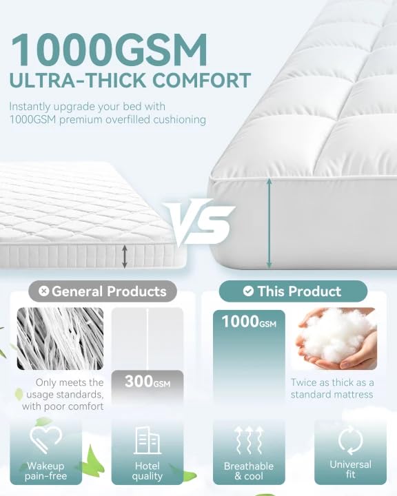 Queen Mattress Topper 1000 GSM Extra Thick Hotel-Quality Breathable Cloud-Like Comfort