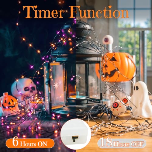 Halloween Fairy Lights with Timer - Orange & Purple Battery-Operated Mini String Lights