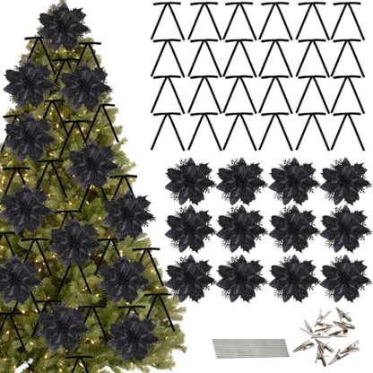 Black Poinsettia Artificial Flowers & Velvet Bows - Festive Xmas Decor - Blackbows