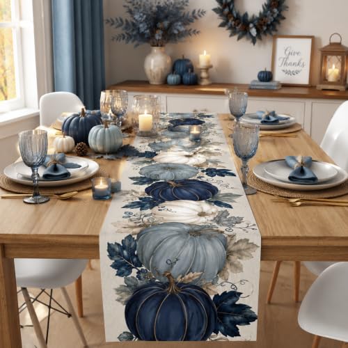 Fall Pumpkin Table Runner - Blue and White Thanksgiving Decor - Variation of Fall Pumpkin