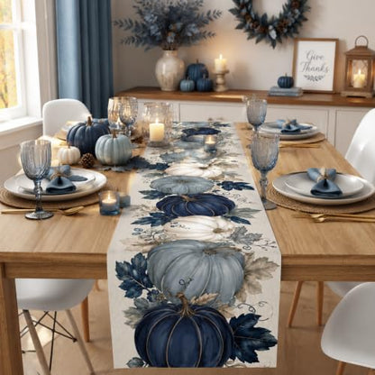 Fall Pumpkin Table Runner - Blue and White Thanksgiving Decor - Variation of Fall Pumpkin