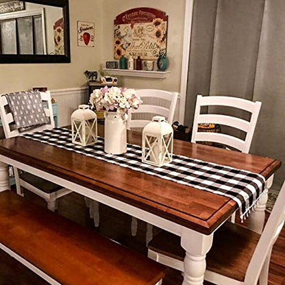 DUOBAO Buffalo Plaid Table Runner 14x108 Inches Black and White Checkered Linen with Tassels for Christmas and Farmhouse Decor