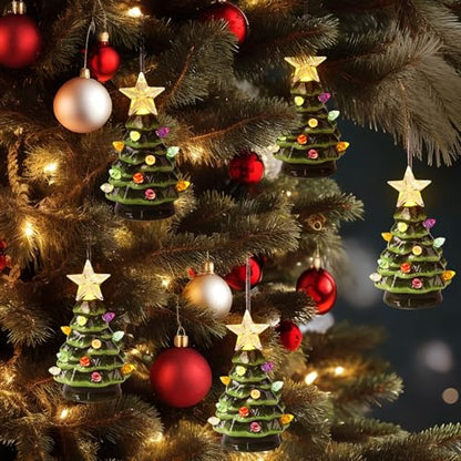 Mini Ceramic Christmas Tree Set - Prelit Green with Star, 4 Inches, 6 Pack