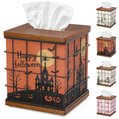 Square Oak Wood & Metal Tissue Box Cover with 4 Seasonal Panels - Brown & Black, 6x6x7 Inches