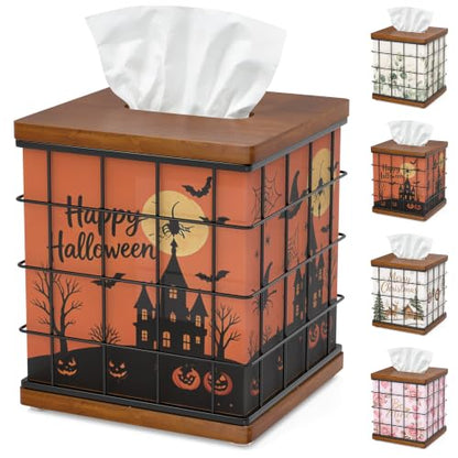 Square Oak Wood & Metal Tissue Box Cover with 4 Seasonal Panels - Brown & Black, 6x6x7 Inches