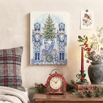 Chinoiserie Nutcracker Holiday Canvas Wall Art 12x8 Blue & White Decor