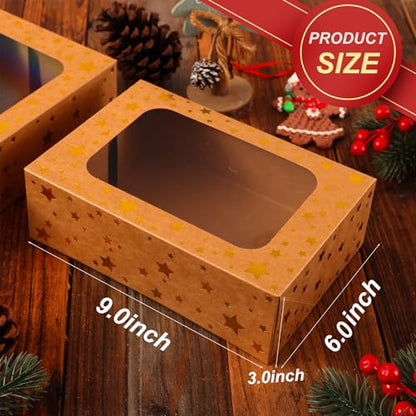 Christmas Brown Holiday Cookie Boxes with Gold Star & Viewing Window - 24 Pack, 9x6x3 Inches